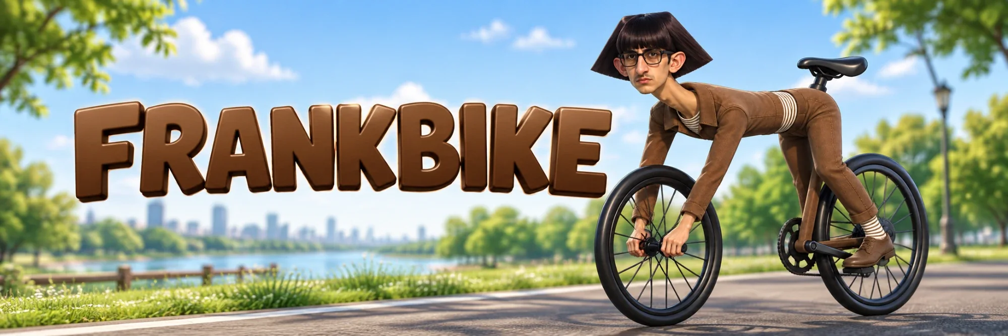 FRANKBIKE in chocolate letters next to Frankbike rolling through a park
