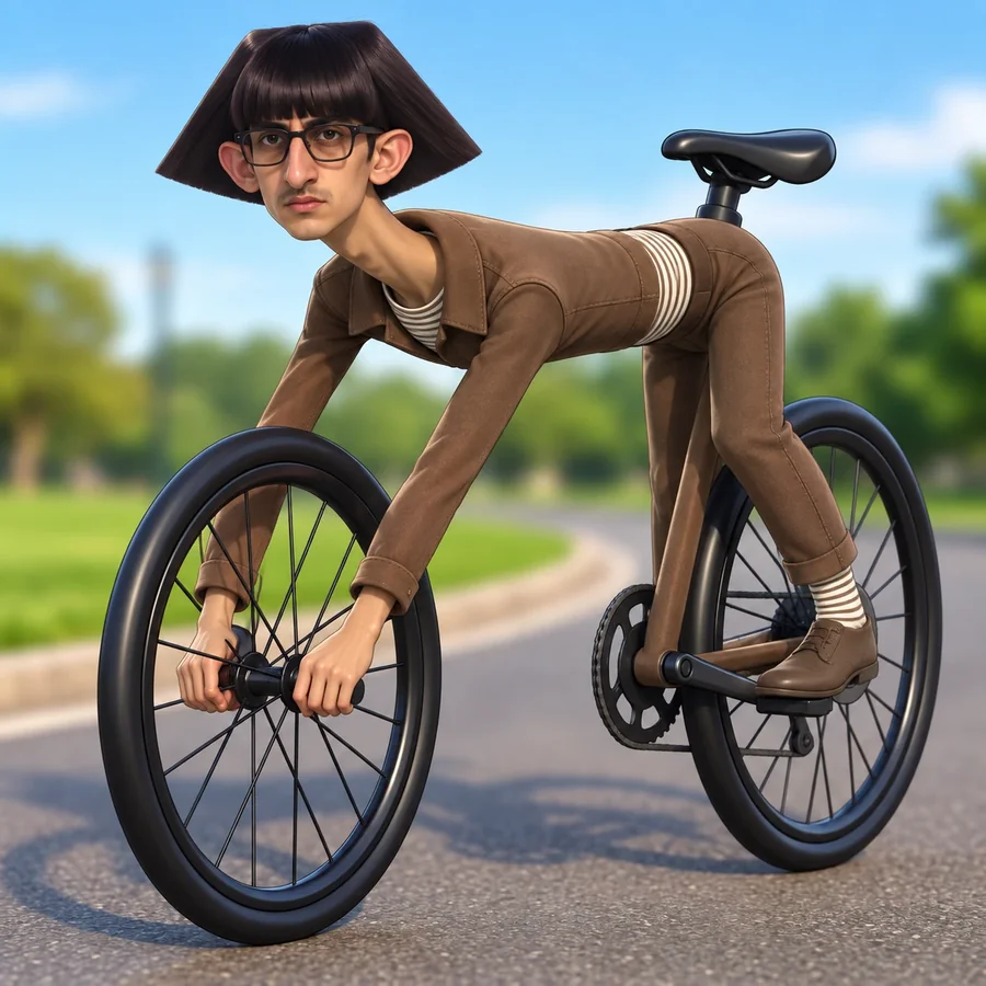 Frankbike on a park road: a man in a brown suit bent into the shape of a bicycle frame, hands on the front axle, a saddle on his back