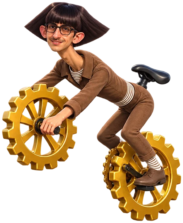 Frankbike with golden gear wheels, smiling
