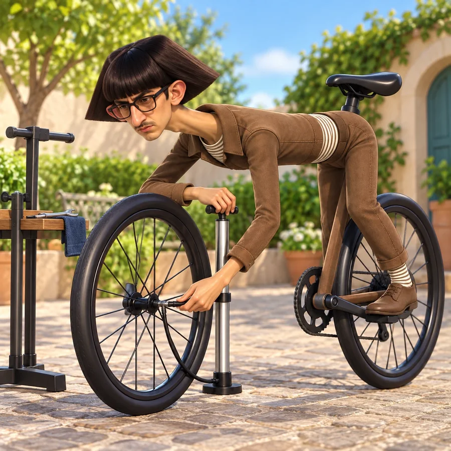 Frankbike pumping up his own front tyre in a sunny courtyard